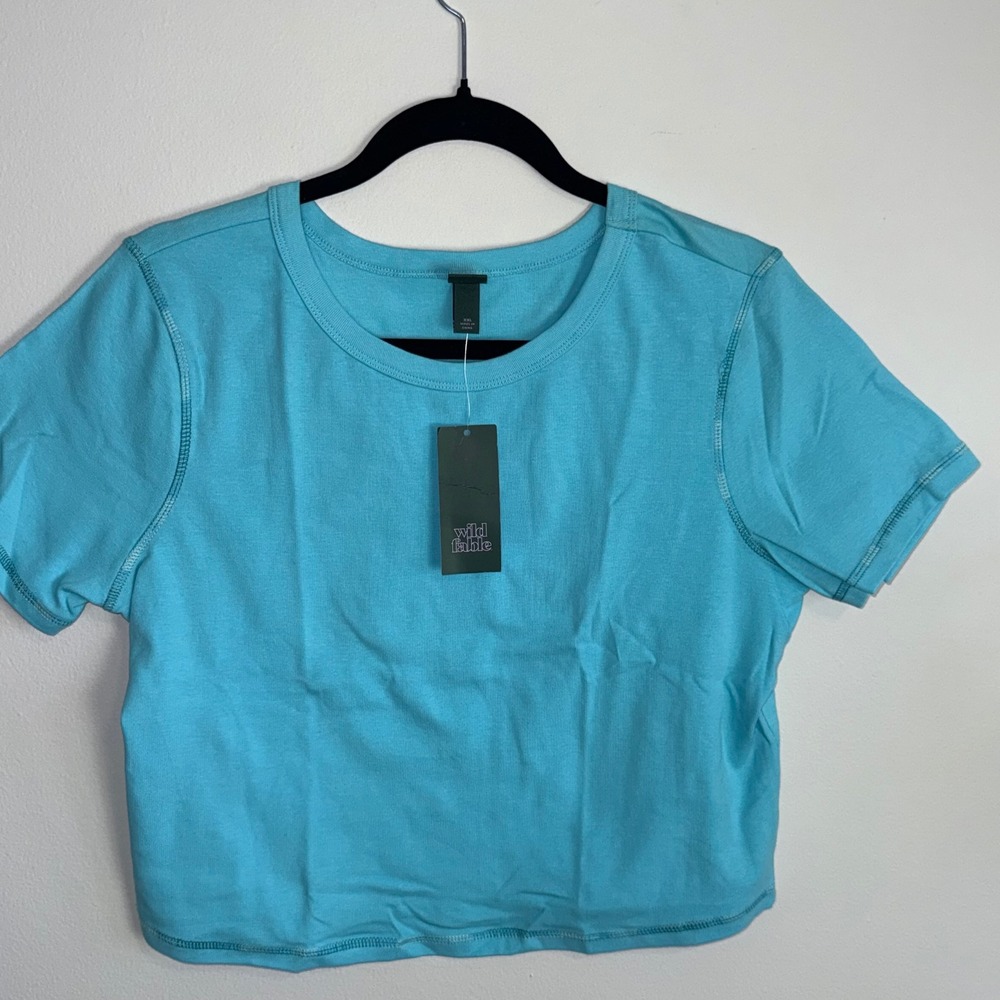 Wild Fable Womens XXL Bright Blue Cropped Baby Tee Short Sleeve Contrast Stitch - Picture 3 of 7
